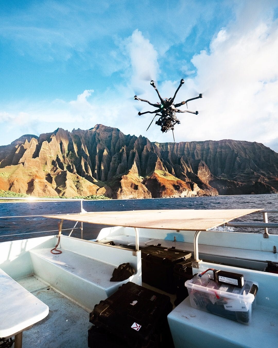 A drone flying off the back of a research boat